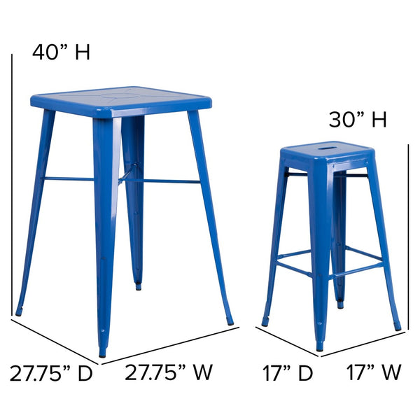 English Elm Stone Commercial Grade Indoor-Outdoor Bar Table Set with Stackable Backless Stools for Versatile Spaces Blue 23.75" Square CH-31330B-2-30SQ-BL-GG