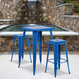 English Elm Stone Commercial Grade Indoor-Outdoor Bar Table Set with Stackable Backless Stools for Versatile Spaces Blue 23.75" Square CH-31330B-2-30SQ-BL-GG