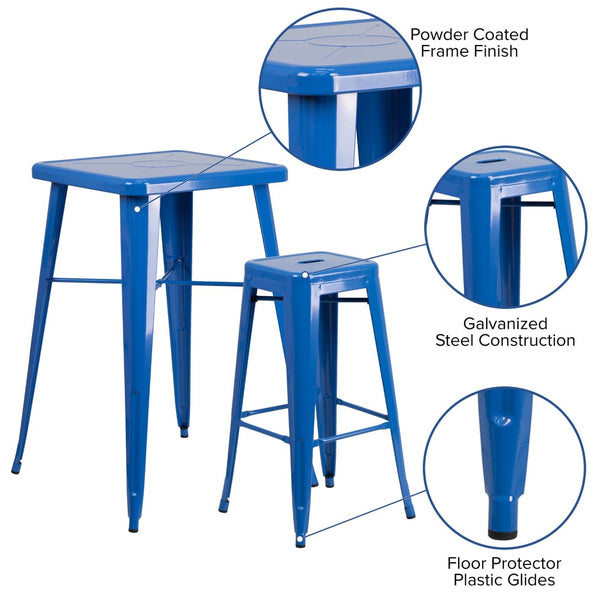 English Elm Stone Commercial Grade Indoor-Outdoor Bar Table Set with Stackable Backless Stools for Versatile Spaces Blue 23.75" Square CH-31330B-2-30SQ-BL-GG