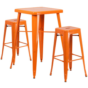 English Elm Stone Commercial Grade Indoor-Outdoor Bar Table Set with Stackable Backless Stools for Versatile Spaces Orange 23.75" Square CH-31330B-2-30SQ-OR-GG