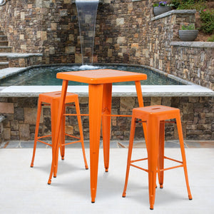 English Elm Stone Commercial Grade Indoor-Outdoor Bar Table Set with Stackable Backless Stools for Versatile Spaces Orange 23.75" Square CH-31330B-2-30SQ-OR-GG