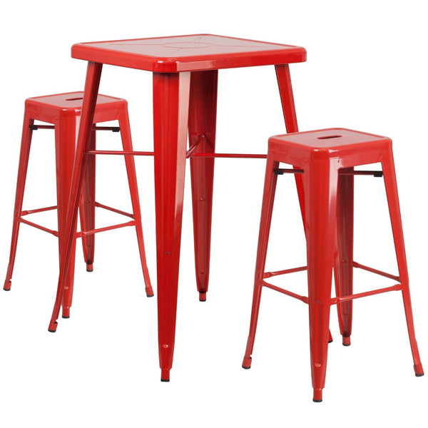 English Elm Stone Commercial Grade Indoor-Outdoor Bar Table Set with Stackable Backless Stools for Versatile Spaces Red 23.75" Square CH-31330B-2-30SQ-RED-GG