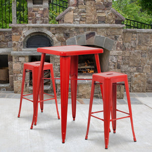 English Elm Stone Commercial Grade Indoor-Outdoor Bar Table Set with Stackable Backless Stools for Versatile Spaces Red 23.75" Square CH-31330B-2-30SQ-RED-GG