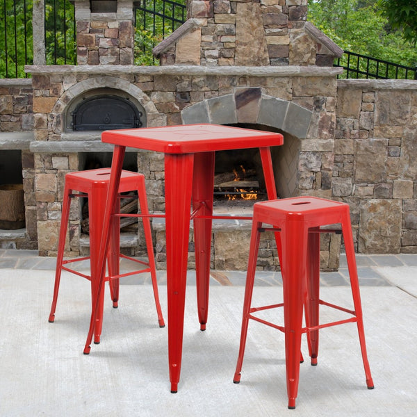 English Elm Stone Commercial Grade Indoor-Outdoor Bar Table Set with Stackable Backless Stools for Versatile Spaces Red 23.75" Square CH-31330B-2-30SQ-RED-GG