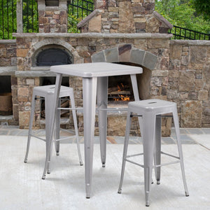 English Elm Stone Commercial Grade Indoor-Outdoor Bar Table Set with Stackable Backless Stools for Versatile Spaces Silver 23.75" Square CH-31330B-2-30SQ-SIL-GG