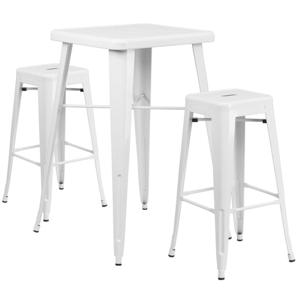 English Elm Stone Commercial Grade Indoor-Outdoor Bar Table Set with Stackable Backless Stools for Versatile Spaces White 23.75" Square CH-31330B-2-30SQ-WH-GG
