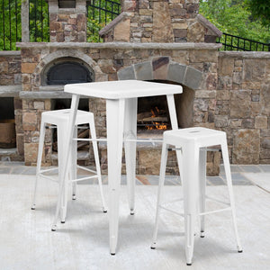 English Elm Stone Commercial Grade Indoor-Outdoor Bar Table Set with Stackable Backless Stools for Versatile Spaces White 23.75" Square CH-31330B-2-30SQ-WH-GG