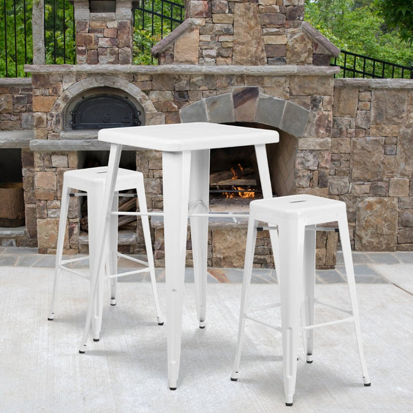 English Elm Stone Commercial Grade Indoor-Outdoor Bar Table Set with Stackable Backless Stools for Versatile Spaces White 23.75" Square CH-31330B-2-30SQ-WH-GG