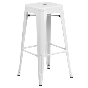 English Elm Stone Commercial Grade Indoor-Outdoor Bar Table Set with Stackable Backless Stools for Versatile Spaces White 23.75" Square CH-31330B-2-30SQ-WH-GG