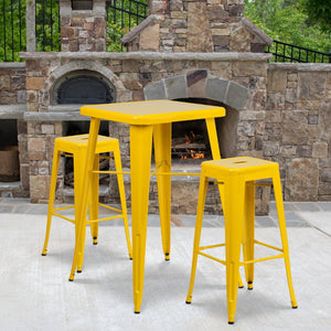 English Elm Stone Commercial Grade Indoor-Outdoor Bar Table Set with Stackable Backless Stools for Versatile Spaces Yellow 23.75" Square CH-31330B-2-30SQ-YL-GG