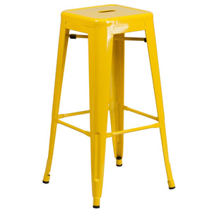 English Elm Stone Commercial Grade Indoor-Outdoor Bar Table Set with Stackable Backless Stools for Versatile Spaces Yellow 23.75" Square CH-31330B-2-30SQ-YL-GG