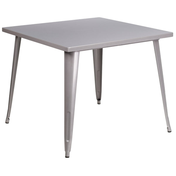 English Elm Parker Commercial Grade Metal Table for Indoor-Outdoor Dining, Stylish and Durable for Any Space Silver 35.5" Square CH-51050-29-SIL-GG