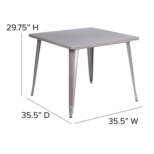 English Elm Parker Commercial Grade Metal Table for Indoor-Outdoor Dining, Stylish and Durable for Any Space Silver 35.5" Square CH-51050-29-SIL-GG