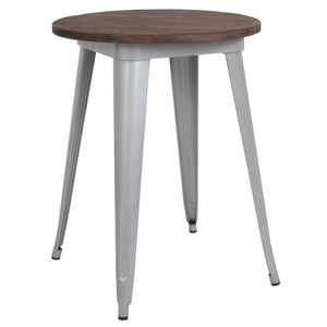 English Elm Webb 24" Round Silver Metal Table with Rustic Walnut Top – Perfect for Cafés, Bistros & Homes CH-51080-29M1-SIL-GG