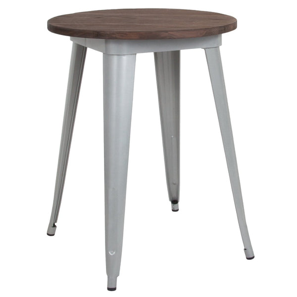 English Elm Webb 24" Round Silver Metal Table with Rustic Walnut Top – Perfect for Cafés, Bistros & Homes CH-51080-29M1-SIL-GG