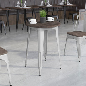 English Elm Webb 24" Round Silver Metal Table with Rustic Walnut Top – Perfect for Cafés, Bistros & Homes CH-51080-29M1-SIL-GG