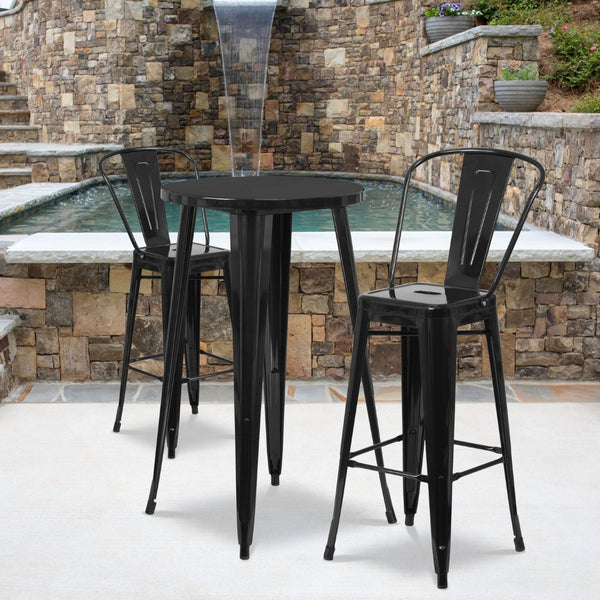 English Elm Nichols Commercial Grade 3-Piece Metal Bar Table Set for Stylish Indoor-Outdoor Dining Spaces Black 24" Round CH-51080BH-2-30CAFE-BK-GG