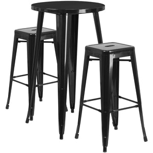 English Elm Douglas Commercial Grade Indoor-Outdoor Bar Table Set with 2 Sturdy Backless Stools for Dining Black 24" Round CH-51080BH-2-30SQST-BK-GG