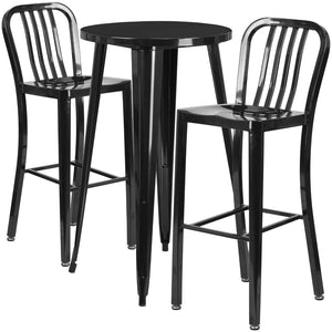 English Elm Earl Commercial Grade Metal Indoor-Outdoor Bar Table Set with 2 Stylish Vertical Slat Stools Black 24" Round CH-51080BH-2-30VRT-BK-GG