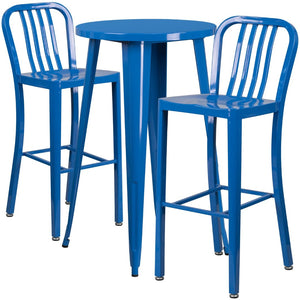 English Elm Earl Commercial Grade Metal Indoor-Outdoor Bar Table Set with 2 Stylish Vertical Slat Stools Blue 24" Round CH-51080BH-2-30VRT-BL-GG