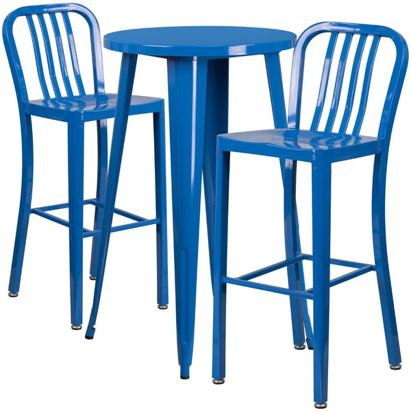 English Elm Earl Commercial Grade Metal Indoor-Outdoor Bar Table Set with 2 Stylish Vertical Slat Stools Blue 24" Round CH-51080BH-2-30VRT-BL-GG