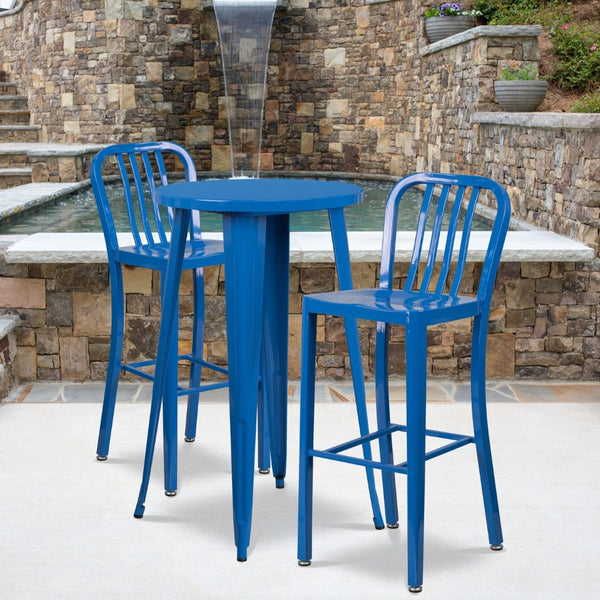 English Elm Earl Commercial Grade Metal Indoor-Outdoor Bar Table Set with 2 Stylish Vertical Slat Stools Blue 24" Round CH-51080BH-2-30VRT-BL-GG
