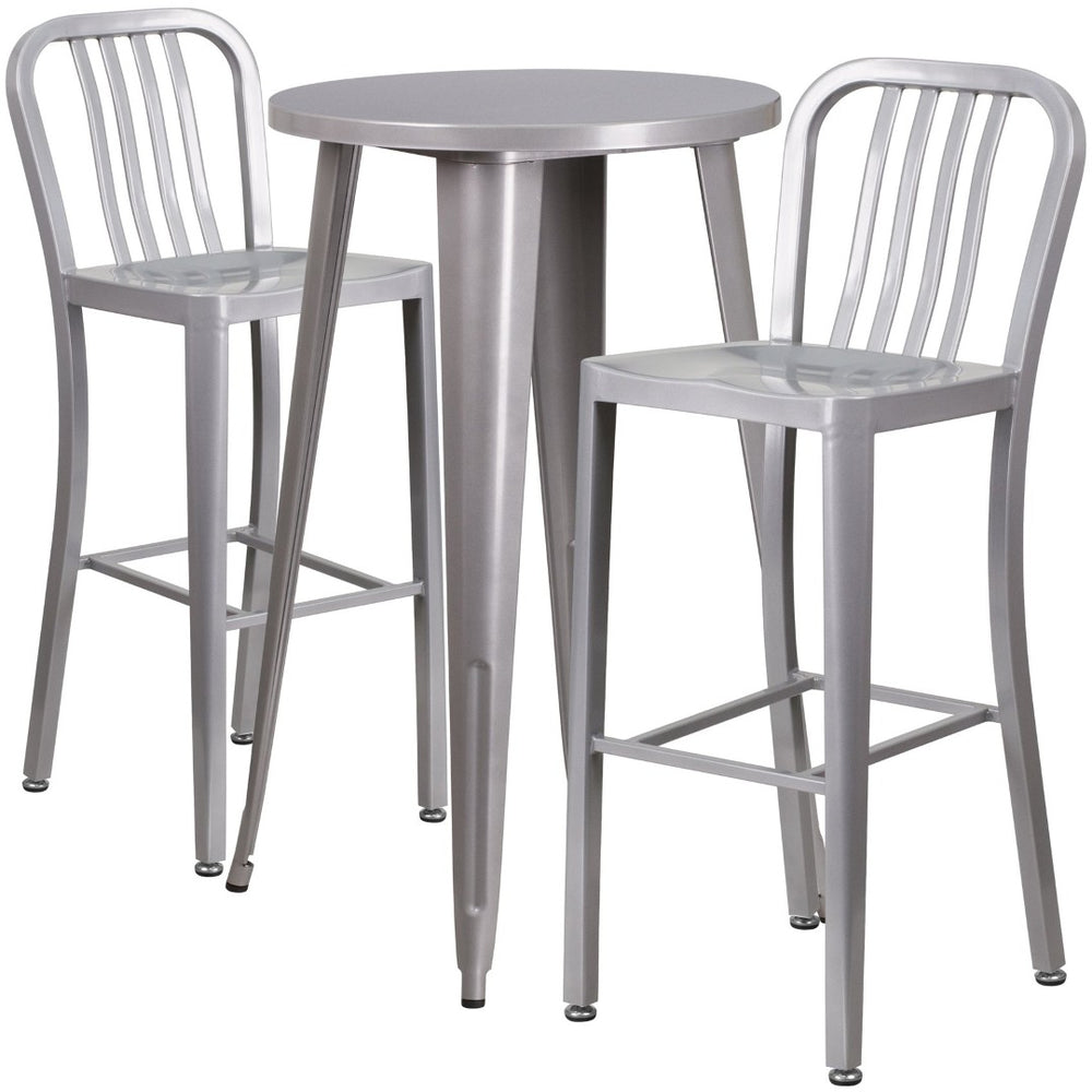 English Elm Earl Commercial Grade Metal Indoor-Outdoor Bar Table Set with 2 Stylish Vertical Slat Stools Silver 24" Round CH-51080BH-2-30VRT-SIL-GG