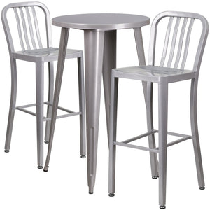 English Elm Earl Commercial Grade Metal Indoor-Outdoor Bar Table Set with 2 Stylish Vertical Slat Stools Silver 24" Round CH-51080BH-2-30VRT-SIL-GG