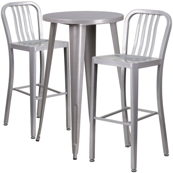 English Elm Earl Commercial Grade Metal Indoor-Outdoor Bar Table Set with 2 Stylish Vertical Slat Stools Silver 24" Round CH-51080BH-2-30VRT-SIL-GG