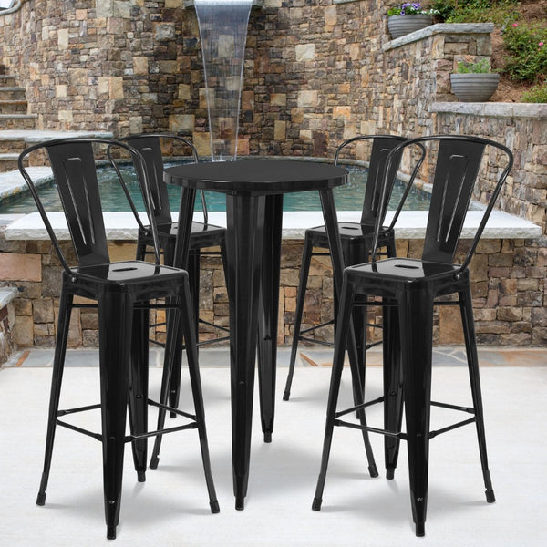 English Elm Dexter Commercial Grade 5-Piece Bistro Bar Table Set with Ergonomic Stools for Indoor-Outdoor Use Black 24" Round CH-51080BH-4-30CAFE-BK-GG
