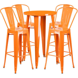 English Elm Dexter Commercial Grade 5-Piece Bistro Bar Table Set with Ergonomic Stools for Indoor-Outdoor Use Orange 24" Round CH-51080BH-4-30CAFE-OR-GG