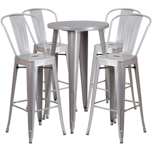 English Elm Dexter Commercial Grade 5-Piece Bistro Bar Table Set with Ergonomic Stools for Indoor-Outdoor Use Silver 24" Round CH-51080BH-4-30CAFE-SIL-GG