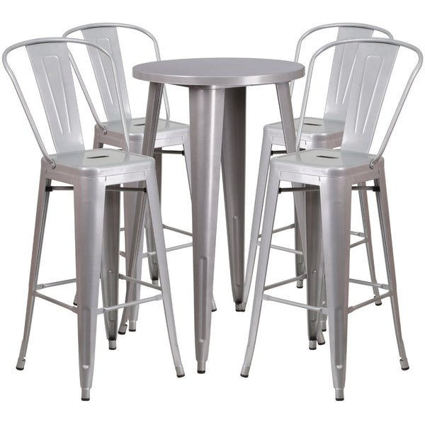 English Elm Dexter Commercial Grade 5-Piece Bistro Bar Table Set with Ergonomic Stools for Indoor-Outdoor Use Silver 24" Round CH-51080BH-4-30CAFE-SIL-GG