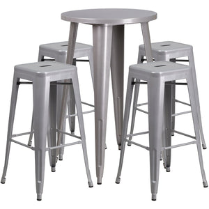 English Elm Ormsby Commercial-Grade 5-Piece Bar Table and Stool Set for Indoor-Outdoor Dining Style and Durability Silver 24" Round CH-51080BH-4-30SQST-SIL-GG