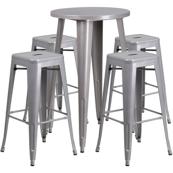 English Elm Ormsby Commercial-Grade 5-Piece Bar Table and Stool Set for Indoor-Outdoor Dining Style and Durability Silver 24" Round CH-51080BH-4-30SQST-SIL-GG