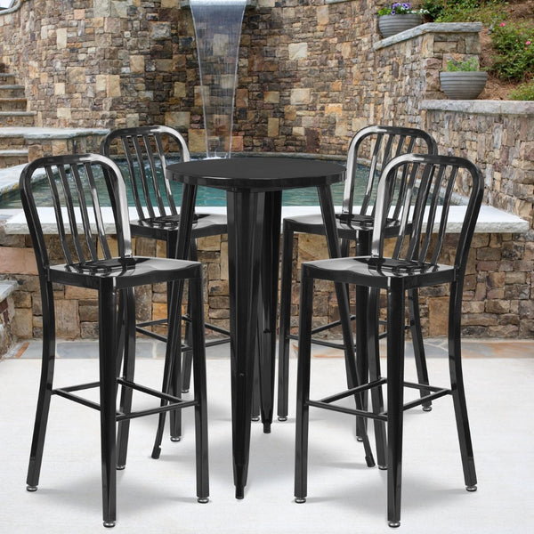 English Elm Richard Commercial-Grade Metal Bar Table Set with 4 Ergonomic Stools for Indoor & Outdoor Use Black 24" Round CH-51080BH-4-30VRT-BK-GG