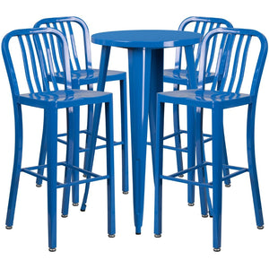 English Elm Richard Commercial-Grade Metal Bar Table Set with 4 Ergonomic Stools for Indoor & Outdoor Use Blue 24" Round CH-51080BH-4-30VRT-BL-GG