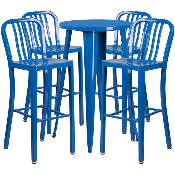 English Elm Richard Commercial-Grade Metal Bar Table Set with 4 Ergonomic Stools for Indoor & Outdoor Use Blue 24" Round CH-51080BH-4-30VRT-BL-GG