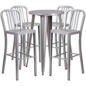 English Elm Richard Commercial-Grade Metal Bar Table Set with 4 Ergonomic Stools for Indoor & Outdoor Use Silver 24" Round CH-51080BH-4-30VRT-SIL-GG