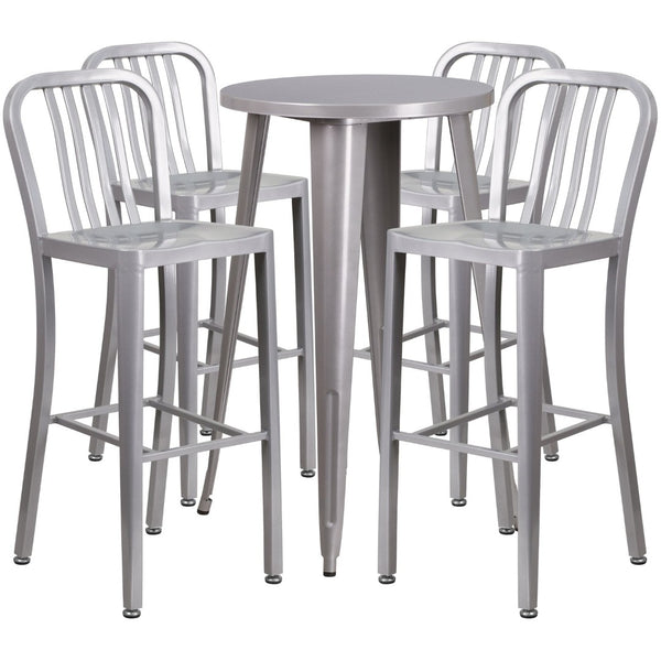 English Elm Richard Commercial-Grade Metal Bar Table Set with 4 Ergonomic Stools for Indoor & Outdoor Use Silver 24" Round CH-51080BH-4-30VRT-SIL-GG