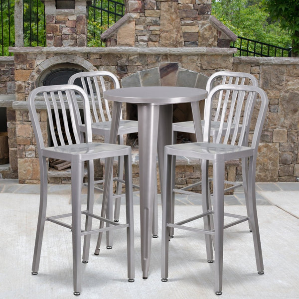 English Elm Richard Commercial-Grade Metal Bar Table Set with 4 Ergonomic Stools for Indoor & Outdoor Use Silver 24" Round CH-51080BH-4-30VRT-SIL-GG