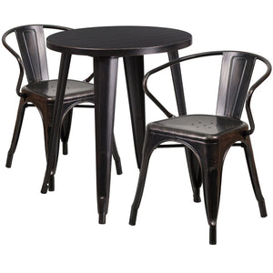 English Elm Napoleon Commercial Grade 3-Piece Indoor-Outdoor Bistro Table Set with Sturdy Arm Chairs for Dining Black-Antique Gold 24" Round CH-51080TH-2-18ARM-BQ-GG