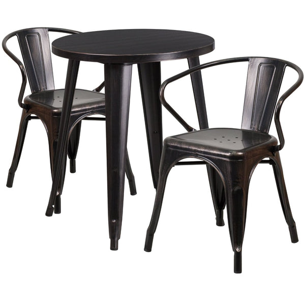 English Elm Napoleon Commercial Grade 3-Piece Indoor-Outdoor Bistro Table Set with Sturdy Arm Chairs for Dining Black-Antique Gold 24" Round CH-51080TH-2-18ARM-BQ-GG