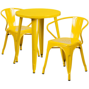 English Elm Napoleon Commercial Grade 3-Piece Indoor-Outdoor Bistro Table Set with Sturdy Arm Chairs for Dining Yellow 24" Round CH-51080TH-2-18ARM-YL-GG
