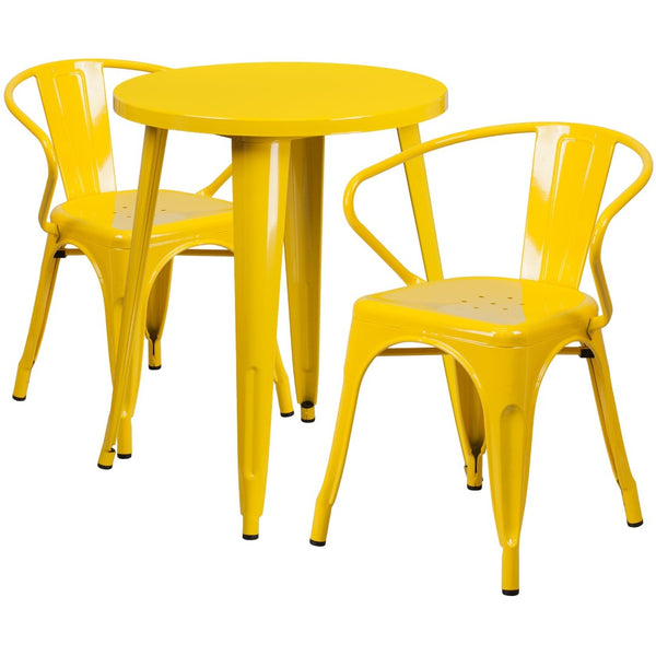 English Elm Napoleon Commercial Grade 3-Piece Indoor-Outdoor Bistro Table Set with Sturdy Arm Chairs for Dining Yellow 24" Round CH-51080TH-2-18ARM-YL-GG