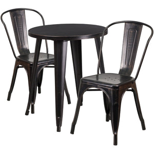 English Elm Napoleon Commercial-Grade Bistro Table Set with 2 Stylish Cafe Chairs for Indoor and Outdoor Use Black-Antique Gold 24" Round CH-51080TH-2-18CAFE-BQ-GG