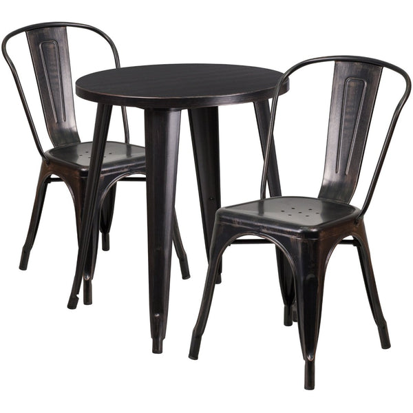 English Elm Napoleon Commercial-Grade Bistro Table Set with 2 Stylish Cafe Chairs for Indoor and Outdoor Use Black-Antique Gold 24" Round CH-51080TH-2-18CAFE-BQ-GG