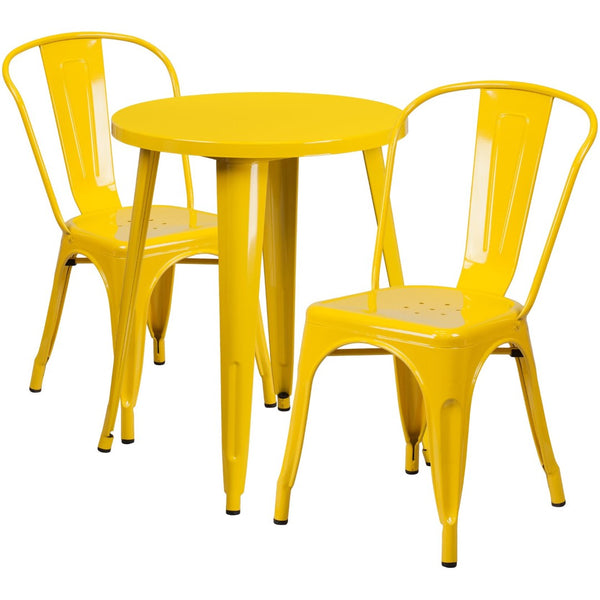 English Elm Napoleon Commercial-Grade Bistro Table Set with 2 Stylish Cafe Chairs for Indoor and Outdoor Use Yellow 24" Round CH-51080TH-2-18CAFE-YL-GG