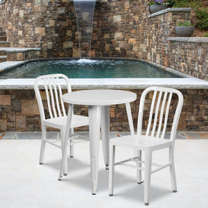 English Elm Napoleon Commercial Grade Metal Indoor-Outdoor Dining Table Set with 2 Stackable Slat Chairs White 24" Round CH-51080TH-2-18VRT-WH-GG