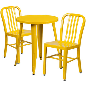English Elm Napoleon Commercial Grade Metal Indoor-Outdoor Dining Table Set with 2 Stackable Slat Chairs Yellow 24" Round CH-51080TH-2-18VRT-YL-GG